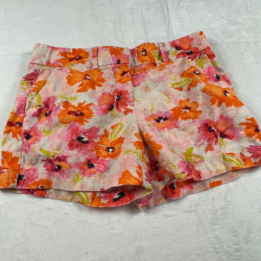 Ann Taylor LOFT Womens 2 Floral Linen Cotton Shorts Orange Pink Watercolor Print